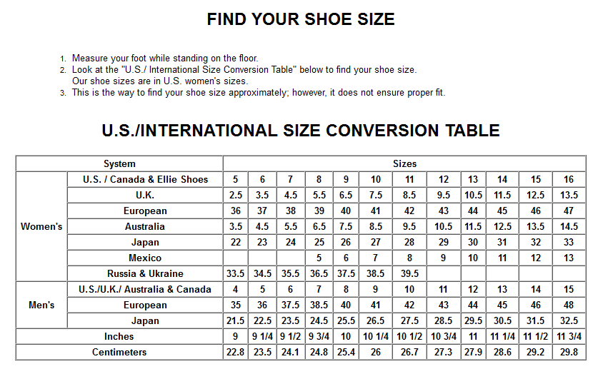 Ellie Shoes Size Chart