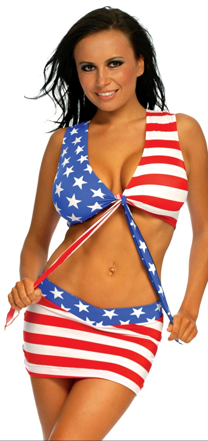 USA Flag Print Mini Skirt and Tie Front Vest